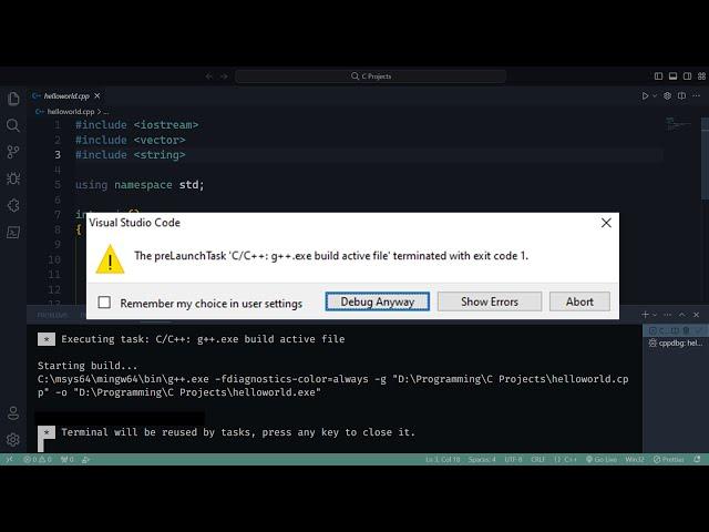 [FIXED] Error: "The preLaunchTask 'C/C++: g++.exe build active file' terminated with exit code 1"
