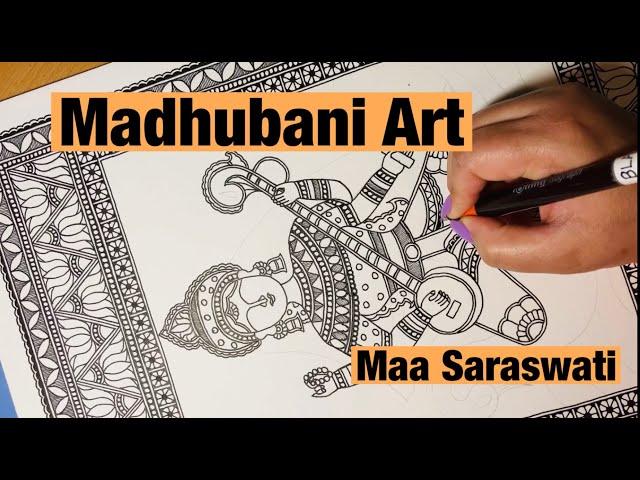 How to make Madhubani Painting of Maa Saraswati II Tutorial in HINDI II Mithila Art Advanced II