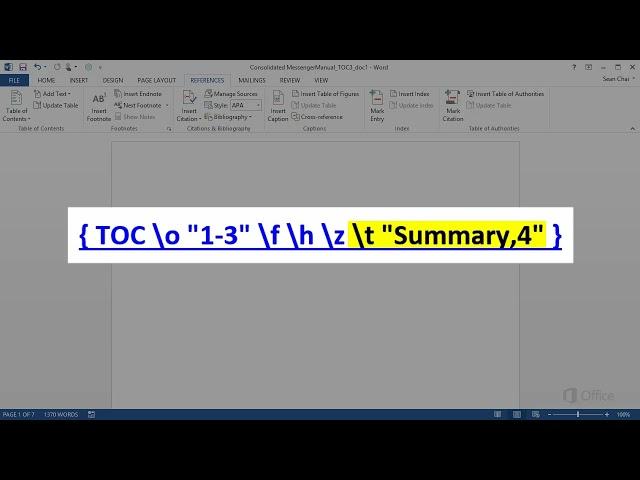 Modify a TOC with field codes