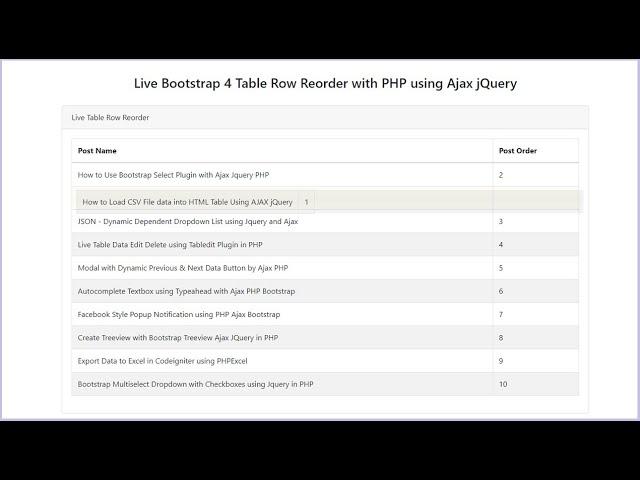 Live Bootstrap 4 Table Row Reorder with PHP using Ajax jQuery