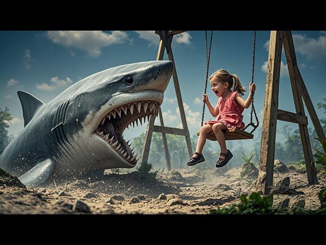 A land shark breaks out of the ground and attacks a little girl playing on the swing