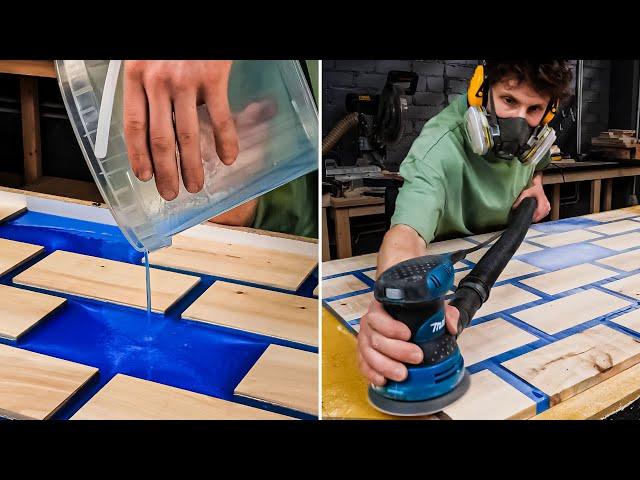 Crafting a Stunning DIY Table with Wooden Bricks and Blue Epoxy! | Woodworking Project