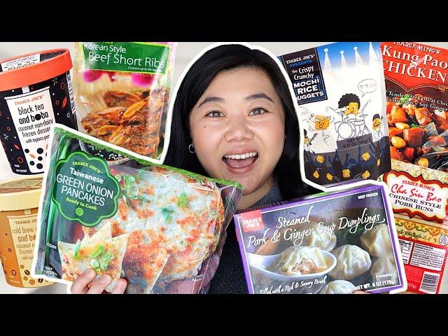 TRYING EVERY TRADER JOE'S ASIAN FOOD PART 2 (boba ice cream, soup dumplings, galbi short ribs, etc)