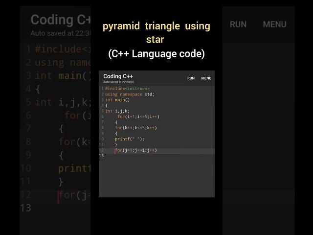 pyramid triangle using star in c plus plus,pyramid pattern in c++,star#coding, #news ,#code