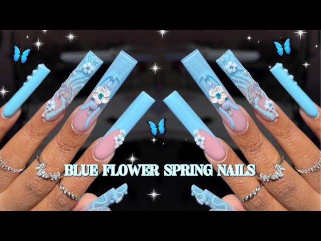 BABY BLUE FLOWER AND BUTTERFLY SPRING NAILS | ACRYLIC OMBRE NAIL HACK ON XL NAILS | NAIL INSPO