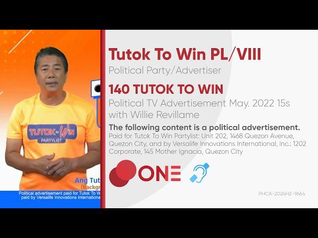 TUTOK TO WIN Partylist Political TV Ad May 2022 15s with Willie Revillame [BCC]