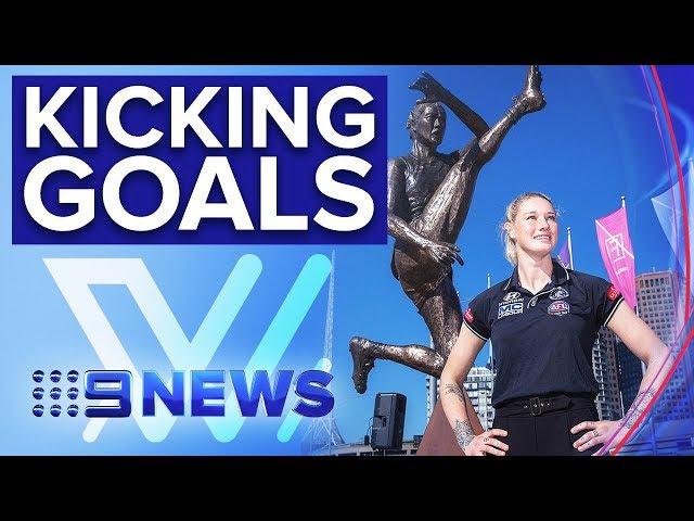 ‘The Kick’ by AFLW star Tayla Harris immortalised in bronze statue | Nine News Australia