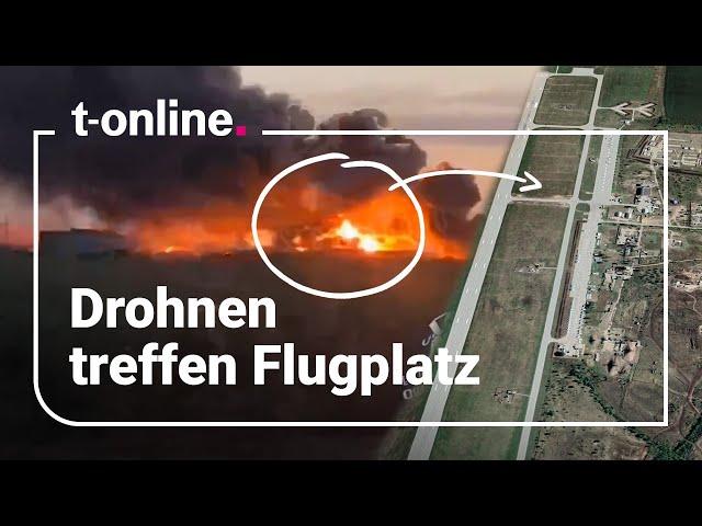 Großbrand nach Explosionen: Drohnenschwarm greift russischen Militärfluglatz an