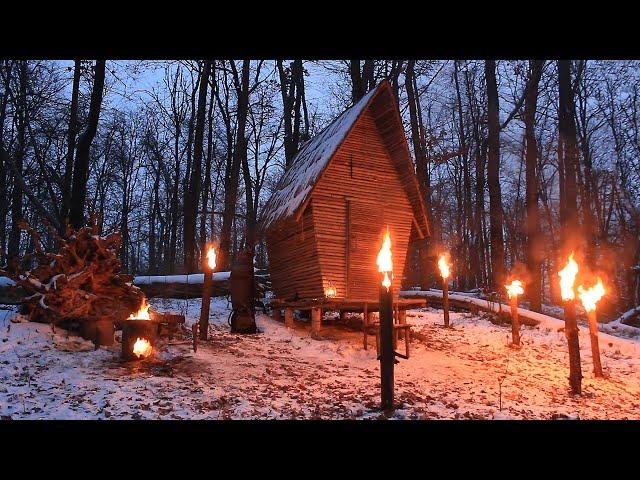 Winter Bushcraft Cabin, Wood Stove, Swedish Torch, Life Off Grid