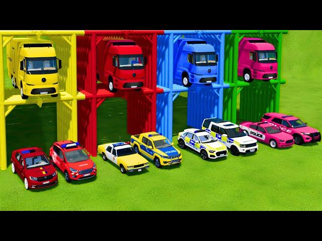 TRANSPORTING ALL POLICE CARS & AMBULANCE EMERGENCY VEHICLES WITH MERCEDES ELECTRIC TRUCKS ! FS22