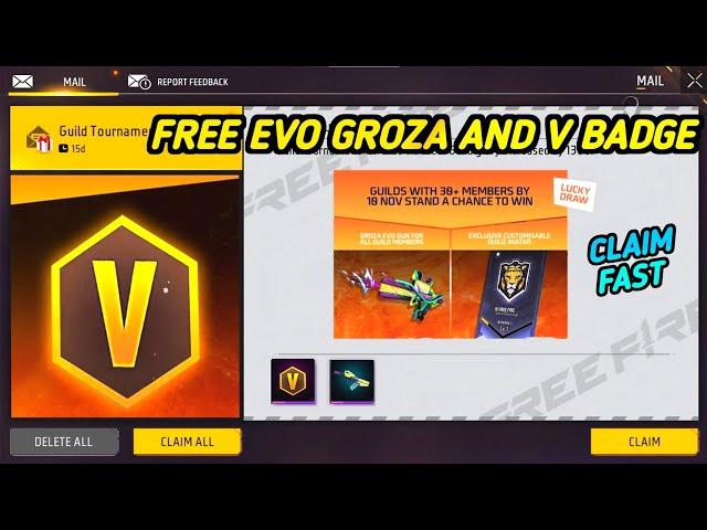 Claim Guild 2.0 redeem code  Free EVO GROZA and V Badge  How to get..?? FREE FIRE INDIA