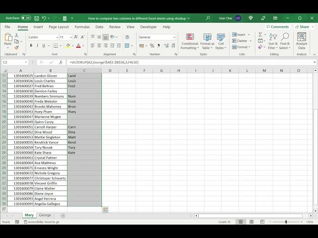 How to compare two columns in different Excel sheets using Vlookup