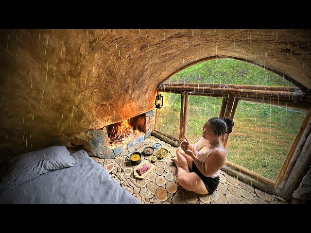 3 Days Of Underground Wilderness Survival, Build a CAVE with Fireplace, Catch And Cook in Heavy Rain