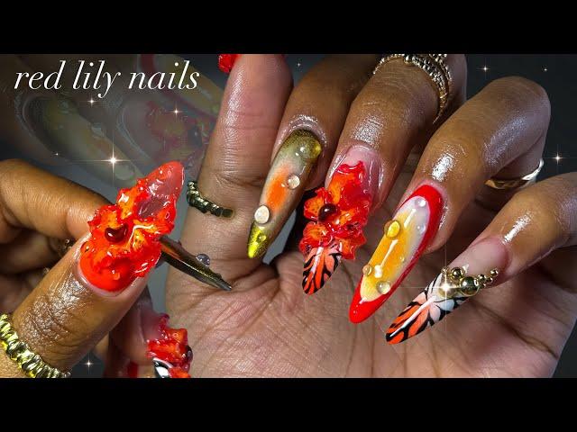 Red Lily Nails| acrylic nails freestyle + 3D flower nail art!