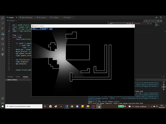 Ray cating with solved optimisation problem, Python Pygame