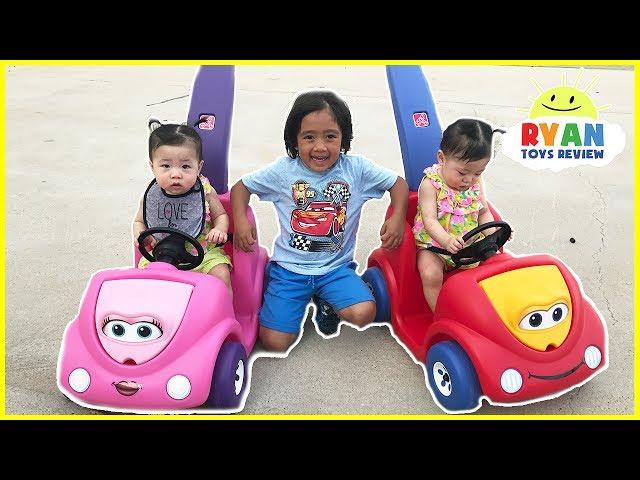 Twin Babies riding Step2 Push Around Buggy Car!