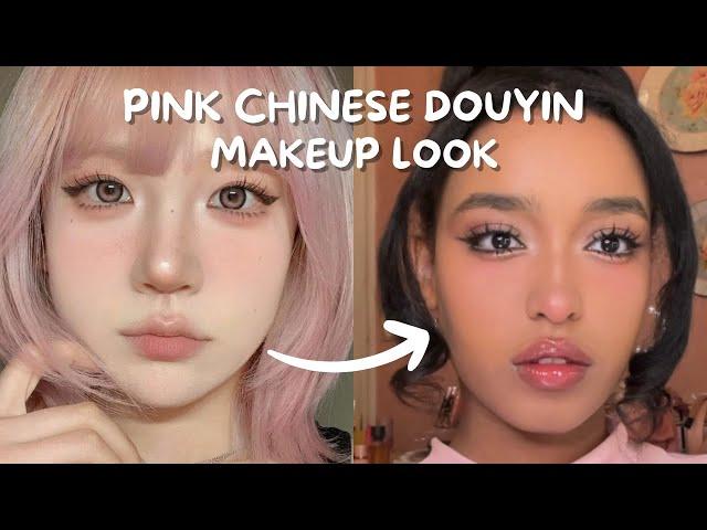 PINK CHINESE DOUYIN MAKEUP TUTORIAL ON BROWN SKIN!!