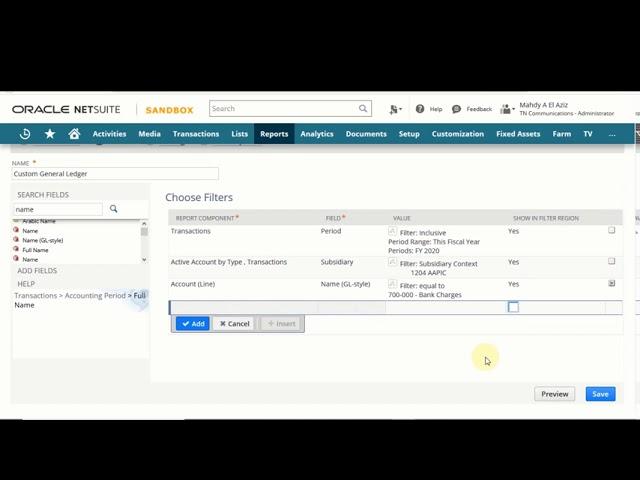 Customize Netsuite General Ledger Report to Filter By Account