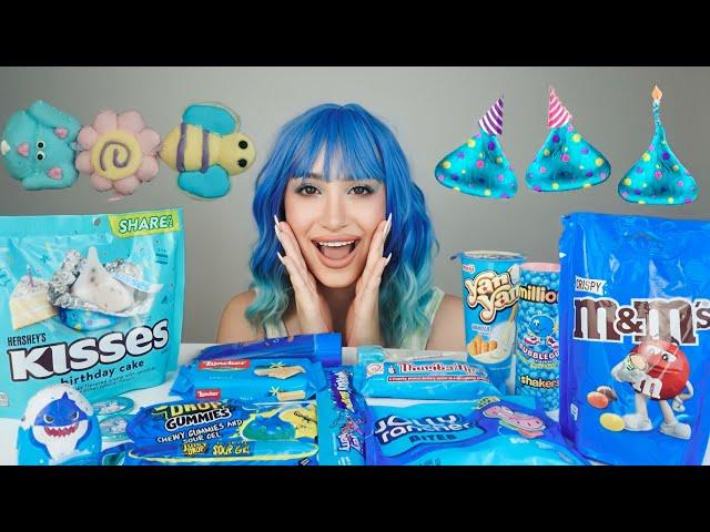 ASMR EATING BLUE FOOD MUKBANG,JUICYDROPS GUMMIES,JELLY ROPES,JOLLY RANCHER,HERSHEY’S KISSES,OOZETUBE