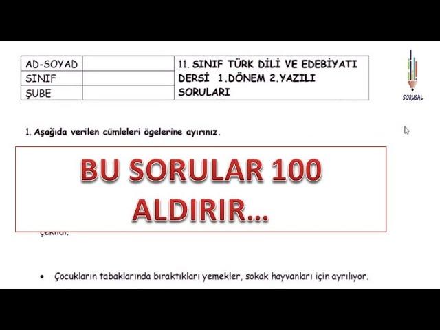 11.SINIF TÜRK DİLİ VE EDEBİYATI 1.DÖNEM 2.YAZILI