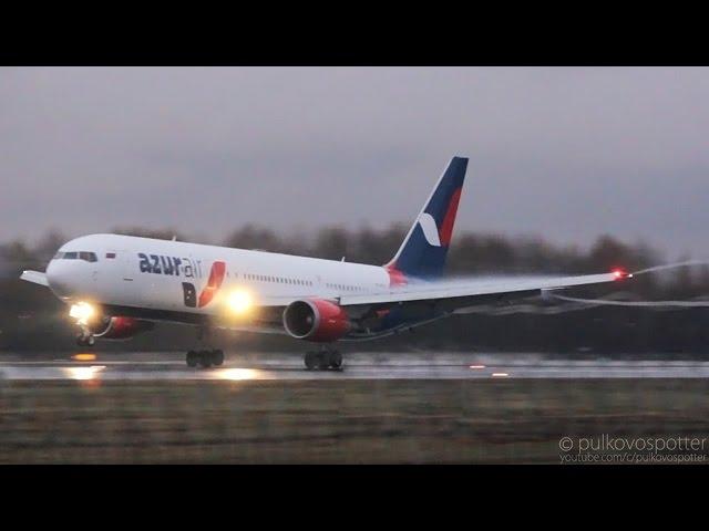 Wing condensation & vortex snakes | Azur Air Boeing 767-300ER | rainy evening landing