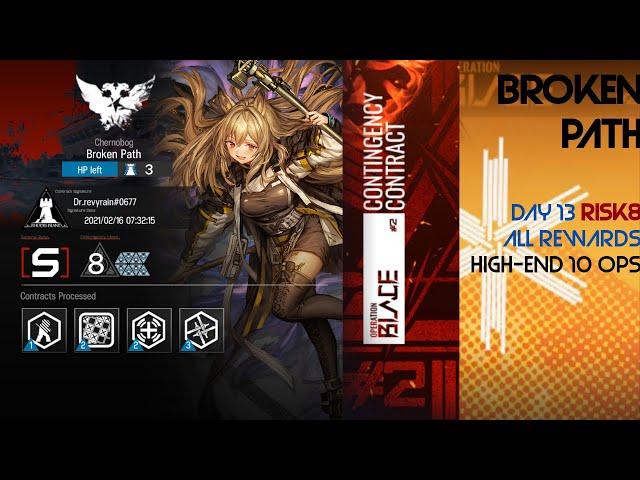 Arknights CC2 Blade \ Broken Path II \ High-End Squad 10 Ops \ Day 13 Risk 8 All Rewards