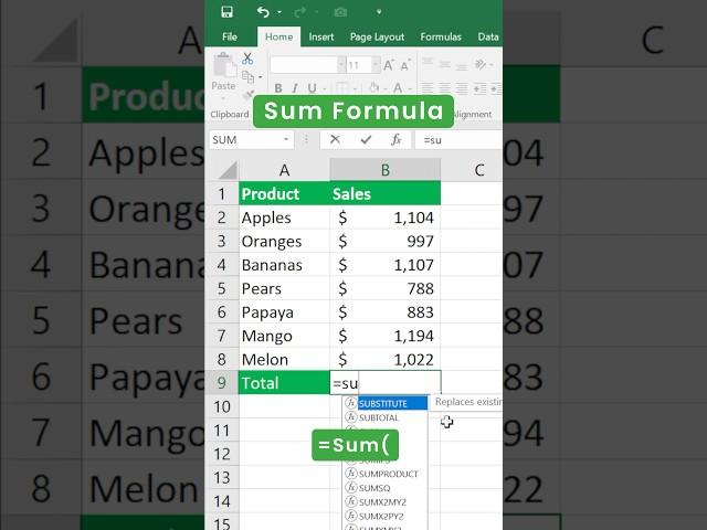 SUM Formula in Excel | Add Total Values #shorts #excel