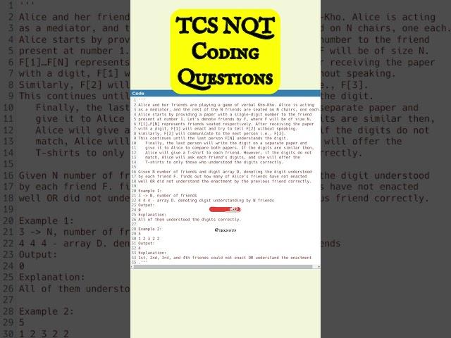 Advance Coding  | Tcs NQT 2024 Preparation || Previous year coding Question || TEKNO UF #shorts