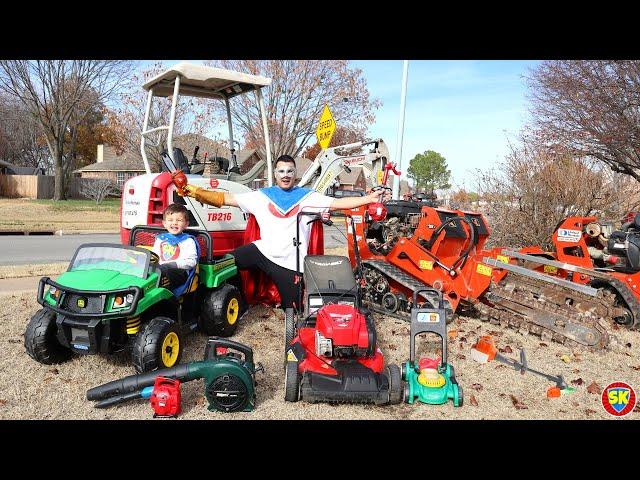 Lawn mower helps excavator at the playground with leaf blower, weed eater and chainsaw | Kids mowers