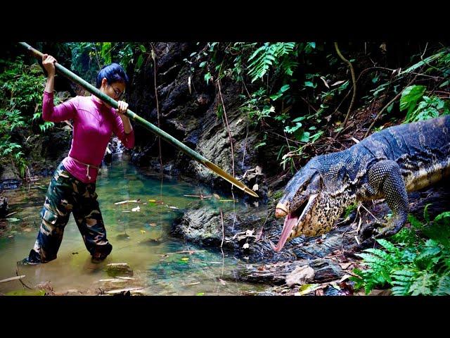 The girl builds a life in the forest and encounters wild animals.