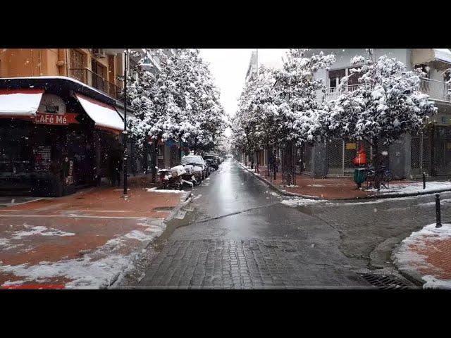 Larissa city in Greece winter snow walking tour