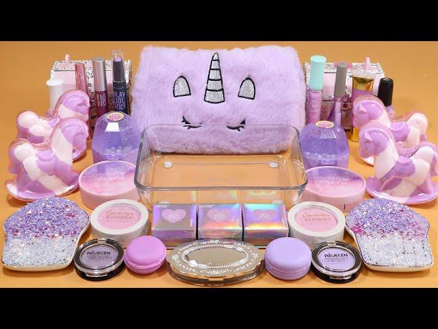 Mixing'Unicorn Lavender'Eyeshadow,Makeup and glitter Into Slime!Satisfying Slime Video