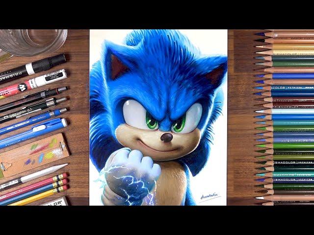 Drawing Sonic the Hedgehog using colored pencils