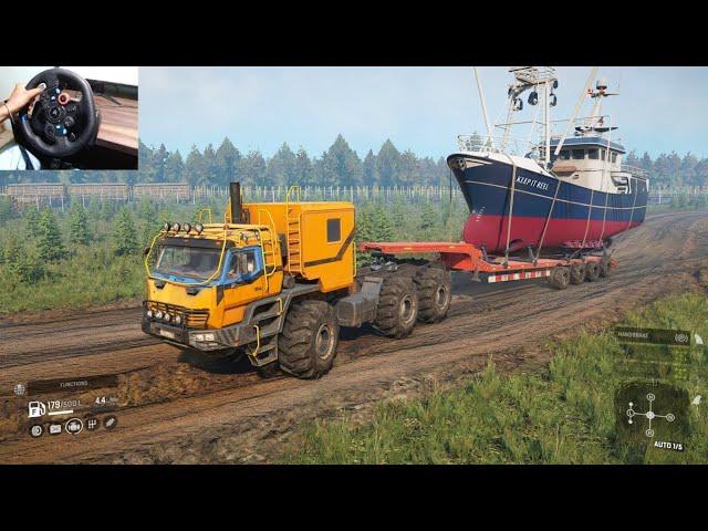 AZOV 4220 Powerfull Truck Transporting Heavy Ship Load in SnowRunner | Logitech g29 Gameplay | #456