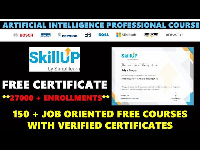 Simplilearn Free Artificial Intelligence Certificate | Skill Up India Free Certification Courses