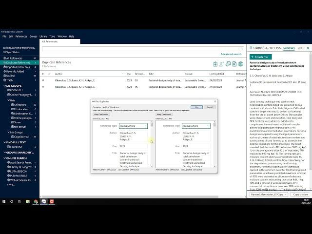 Finding and removing duplicate references in EndNote 20