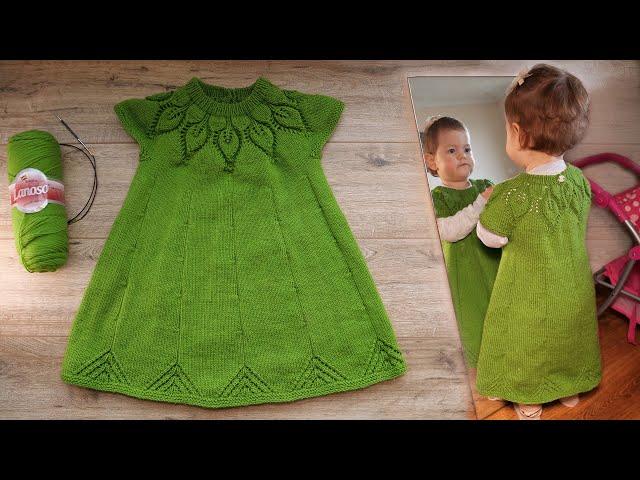 Круглая кокетка «Листья» спицами для детского платья (часть 3) Baby Dress with Round Yoke 