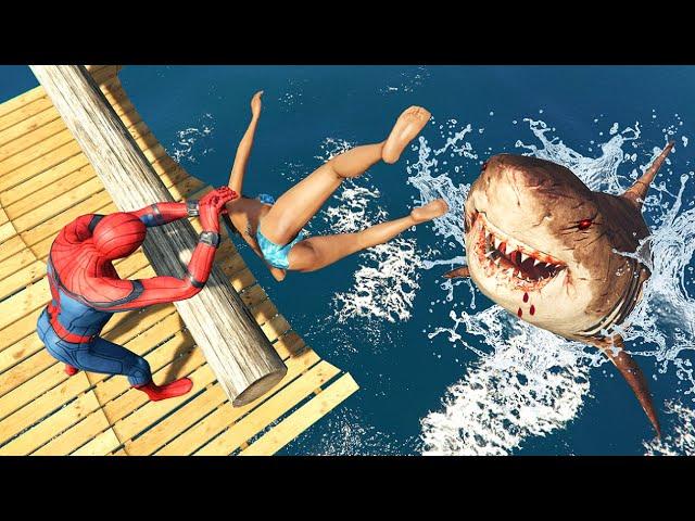 GTA V Water Ragdolls | SPIDERMAN FOUND MEGALODON Jumps/Fails #8 (Funny Moments)