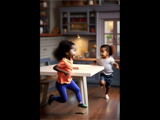 children, running, butterfly pose, indoor{table in background} AI generated Images