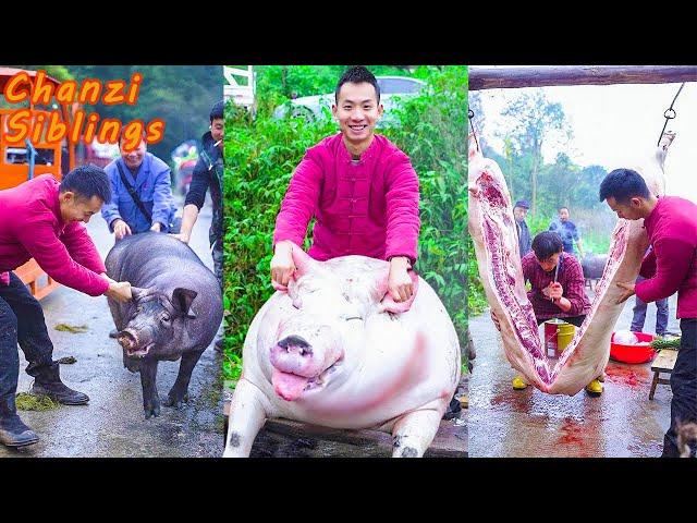 Village Food Outdoor Cooking | Kill Whole Pig Pork Recipes | Tiktok Mukbang | Girl Eating Show