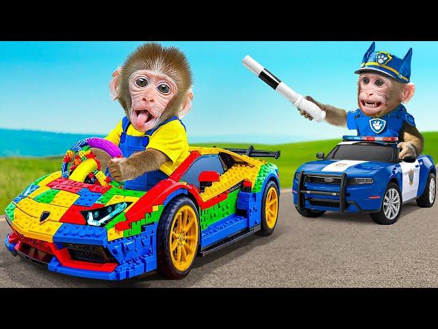 KiKi Monkey drive Lego Car Toys to escape Police Chase Adventure on Car Race | KUDO ANIMAL KIKI