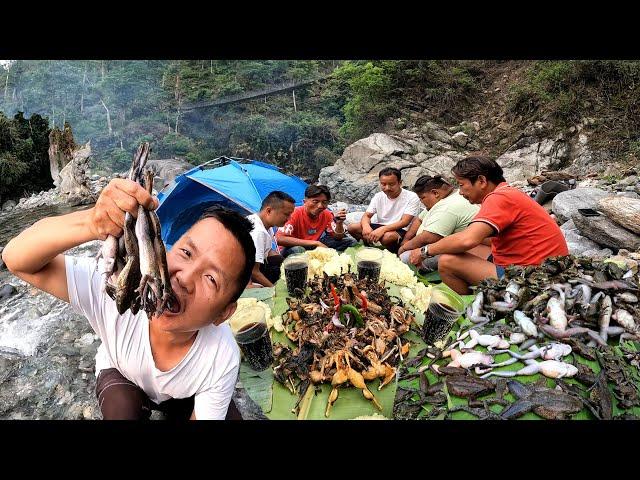 Frog Hunting, Cooking and Eating in Camping Mountain River ! PAHA ! Toad Hunting in Night at Nepal