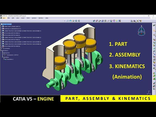 CATIA Engine | Part Design | Assembly | Kinematics animation| Tutorial for beginners