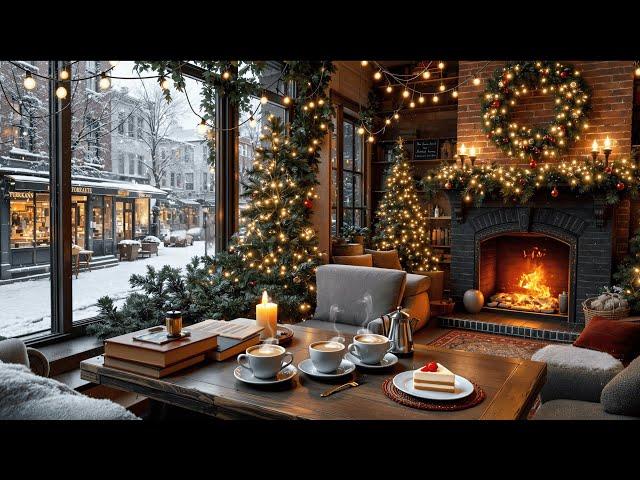 Winter Coffee Shop Ambience with Smooth Jazz Music ️Christmas Jazz & Crackling Fireplace for Relax