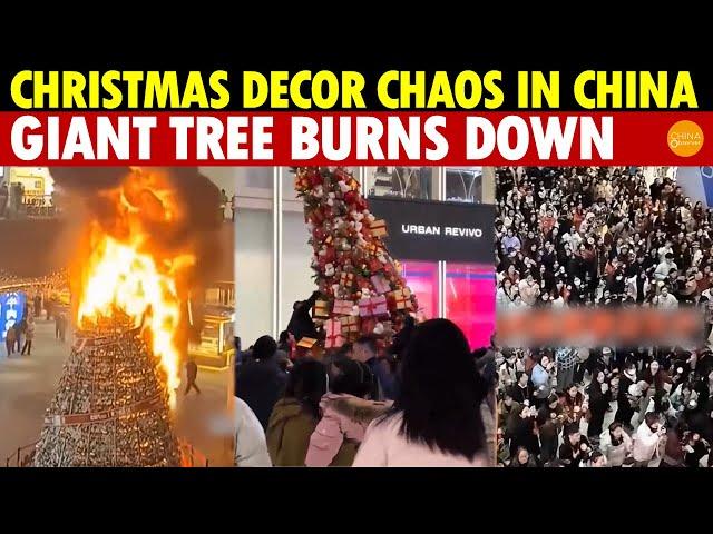 China’s Christmas Tree Decor Boxes Mobbed, Chaos Ensues! 33ft Tree Burns to a Skeleton