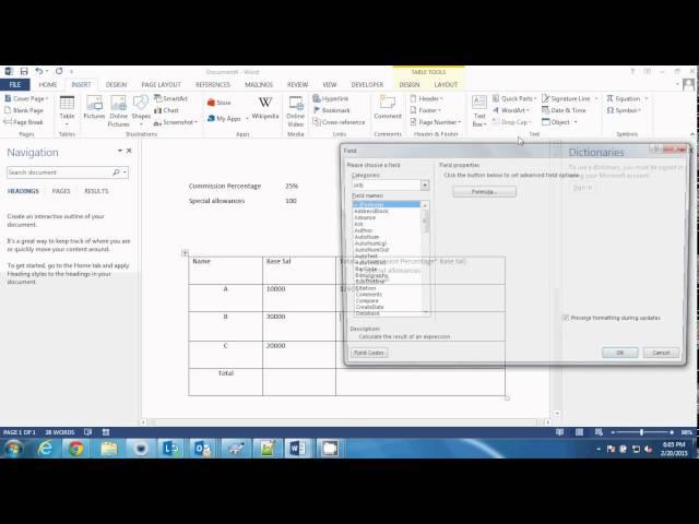 MS Word automatic calculations