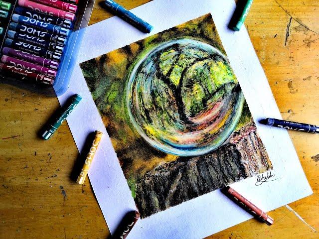 Forest in Crystal Ball |time lapse |forest painting |oil pastel |landscape drawing |easy art| DIY