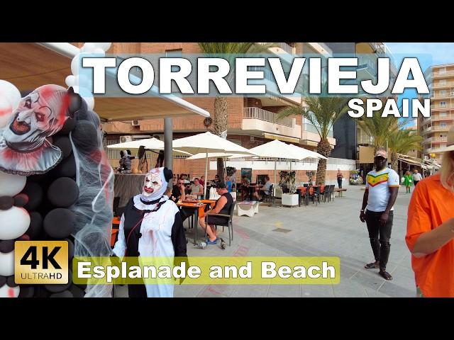 Torrevieja - Esplanade and Beach, Halloween, Spain | Costa Blanca - Walking tour [4k 60 fps]