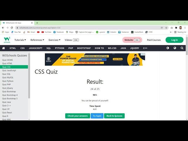 css quiz on W3school