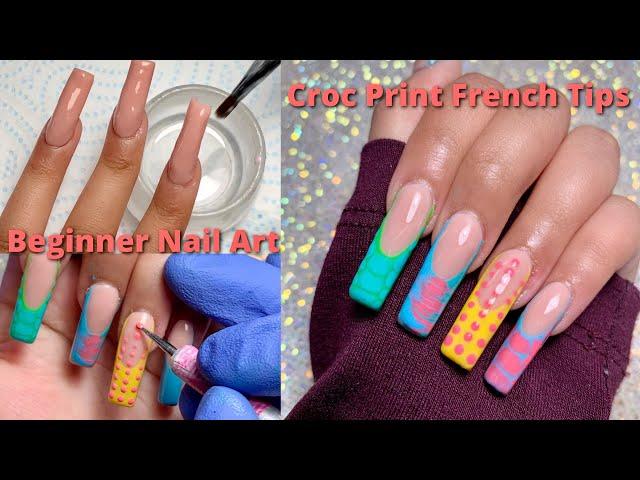 CROC PRINT FRENCH TIP POLYGEL NAILS BEGINNER FRIENDLY NAIL ART | NAIL TUTORIAL